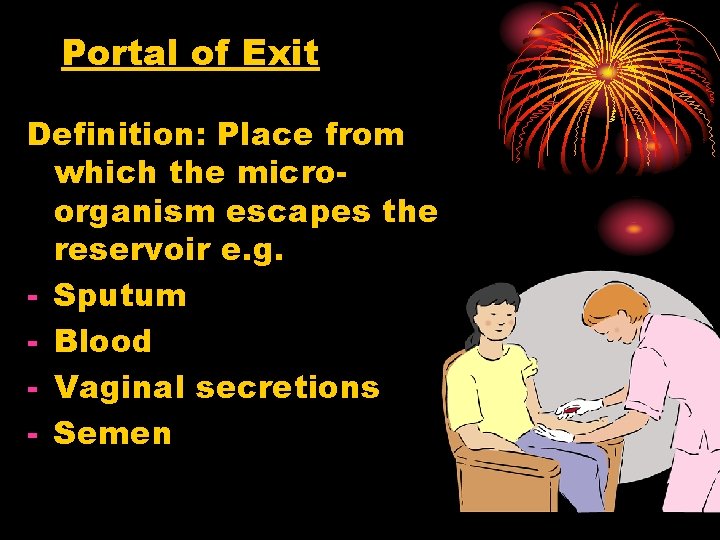 Portal of Exit Definition: Place from which the microorganism escapes the reservoir e. g.