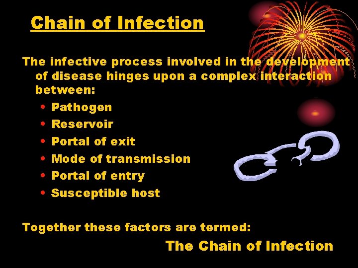 Chain of Infection The infective process involved in the development of disease hinges upon