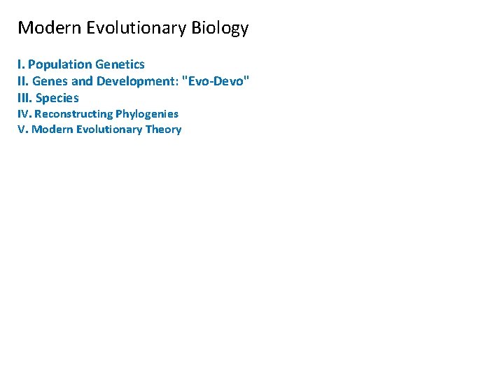 Modern Evolutionary Biology I. Population Genetics II. Genes and Development: "Evo-Devo" III. Species IV.