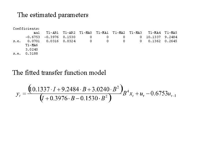 The estimated parameters Coefficients: ma 1 -0. 6753 s. e. 0. 0701 T 1