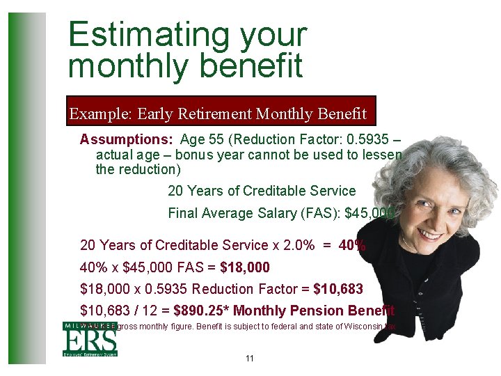 Estimating your monthly benefit Example: Early Retirement Monthly Benefit Assumptions: Age 55 (Reduction Factor: