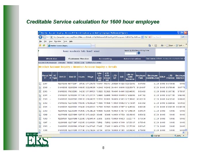 Creditable Service calculation for 1600 hour employee 8 