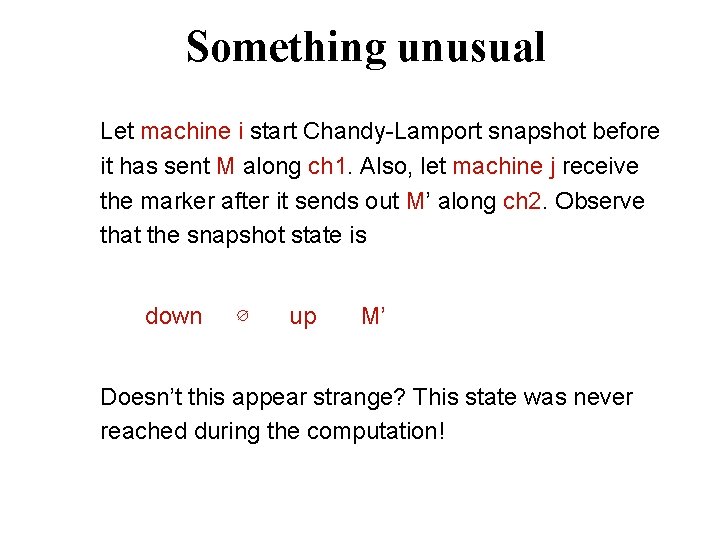 Something unusual Let machine i start Chandy-Lamport snapshot before it has sent M along