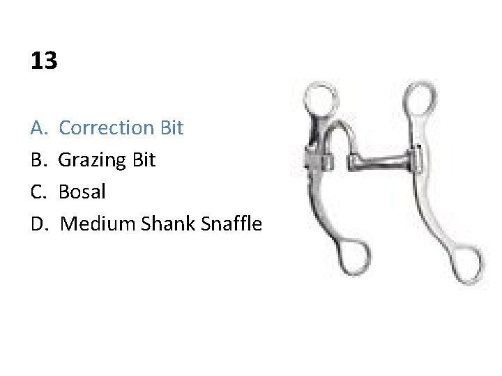 13 A. B. C. D. Correction Bit Grazing Bit Bosal Medium Shank Snaffle 