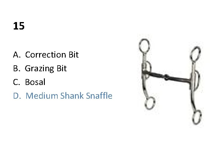 15 A. B. C. D. Correction Bit Grazing Bit Bosal Medium Shank Snaffle 