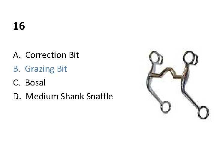 16 A. B. C. D. Correction Bit Grazing Bit Bosal Medium Shank Snaffle 