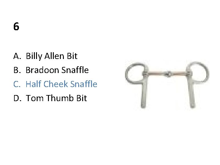 6 A. B. C. D. Billy Allen Bit Bradoon Snaffle Half Cheek Snaffle Tom