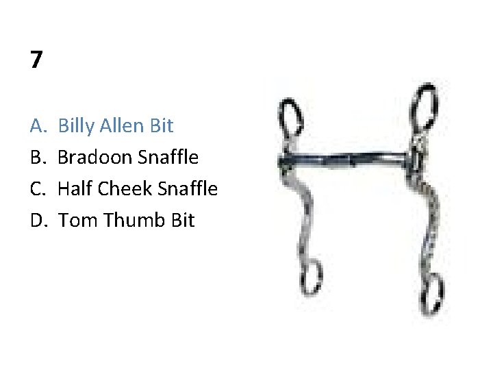 7 A. B. C. D. Billy Allen Bit Bradoon Snaffle Half Cheek Snaffle Tom