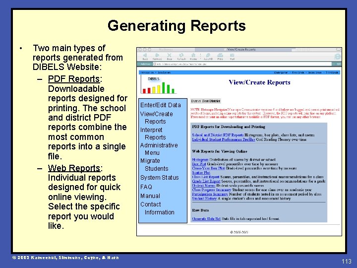 Generating Reports • Two main types of reports generated from DIBELS Website: – PDF