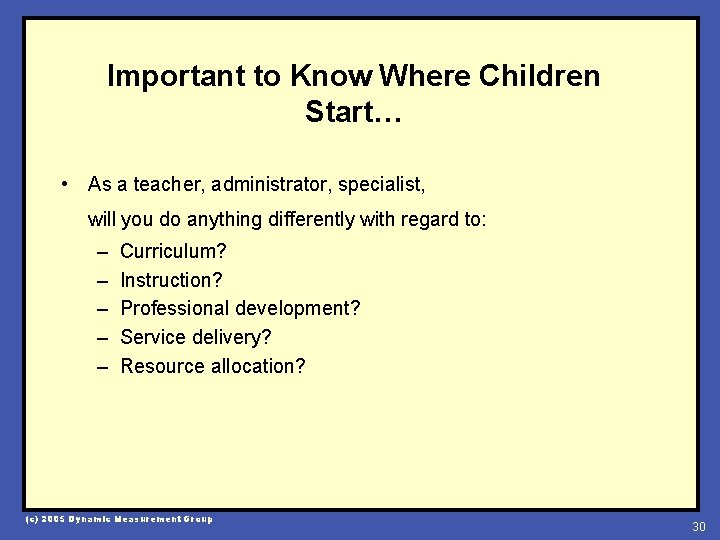 Important to Know Where Children Start… • As a teacher, administrator, specialist, will you