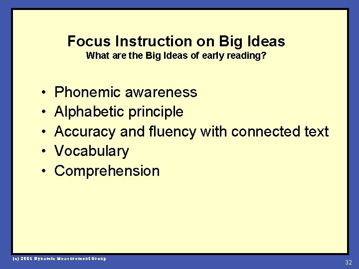 Focus Instruction on Big Ideas What are the Big Ideas of early reading? •