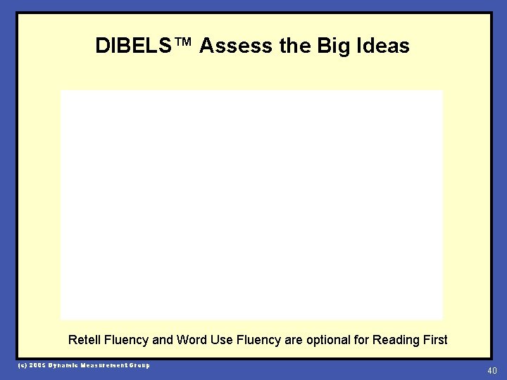 DIBELS™ Assess the Big Ideas Retell Fluency and Word Use Fluency are optional for