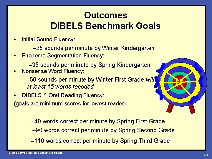 Outcomes DIBELS Benchmark Goals • Initial Sound Fluency: – 25 sounds per minute by