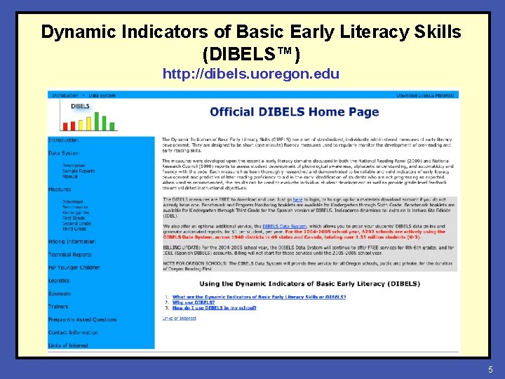 Dynamic Indicators of Basic Early Literacy Skills (DIBELS™) http: //dibels. uoregon. edu 5 