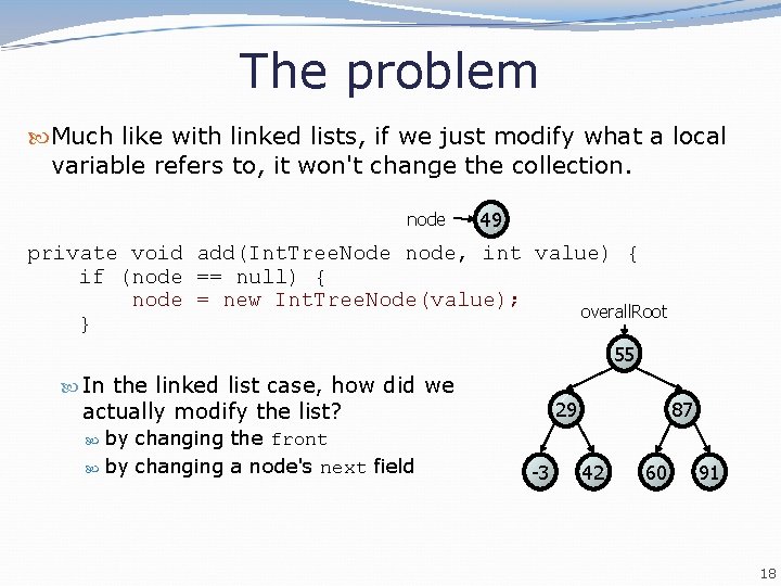 The problem Much like with linked lists, if we just modify what a local