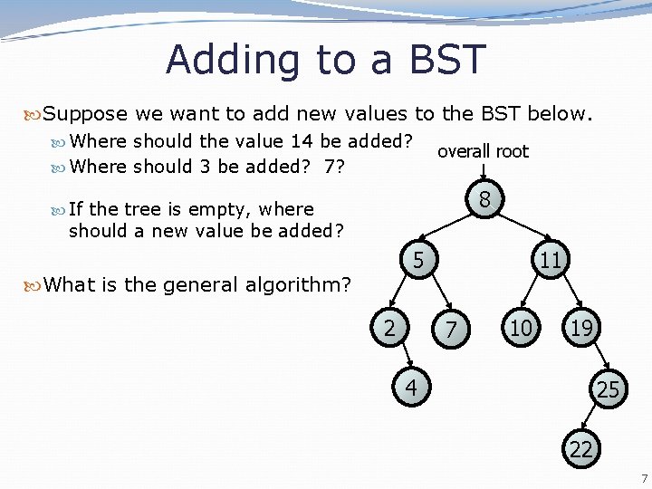 Adding to a BST Suppose we want to add new values to the BST