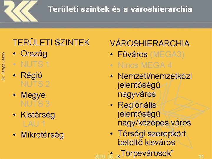 Dr. Faragó László Területi szintek és a városhierarchia TERÜLETI SZINTEK • Ország • NUTS