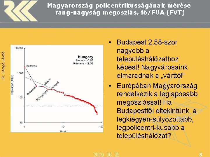 Dr. Faragó László Magyarország policentrikusságának mérése rang-nagyság megoszlás, fő/FUA (FVT) • Budapest 2, 58