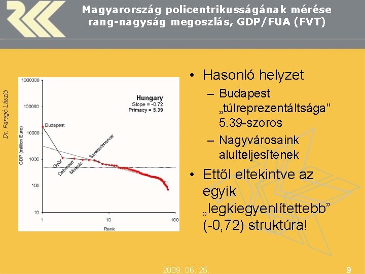 Magyarország policentrikusságának mérése rang-nagyság megoszlás, GDP/FUA (FVT) Dr. Faragó László • Hasonló helyzet –