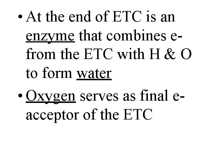  • At the end of ETC is an enzyme that combines efrom the