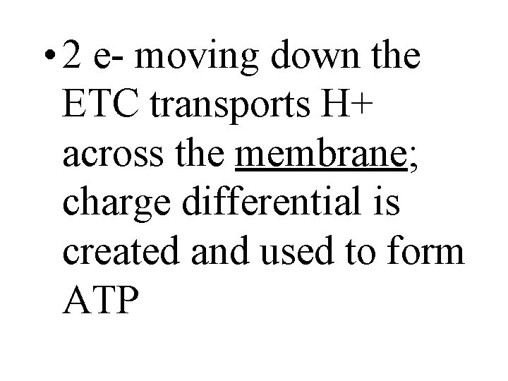  • 2 e- moving down the ETC transports H+ across the membrane; charge