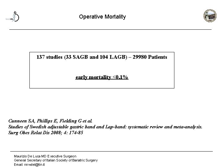 Operative Mortality 137 studies (33 SAGB and 104 LAGB) – 29980 Patients early mortality