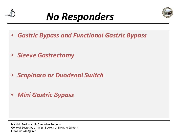 No Responders • Gastric Bypass and Functional Gastric Bypass • Sleeve Gastrectomy • Scopinaro