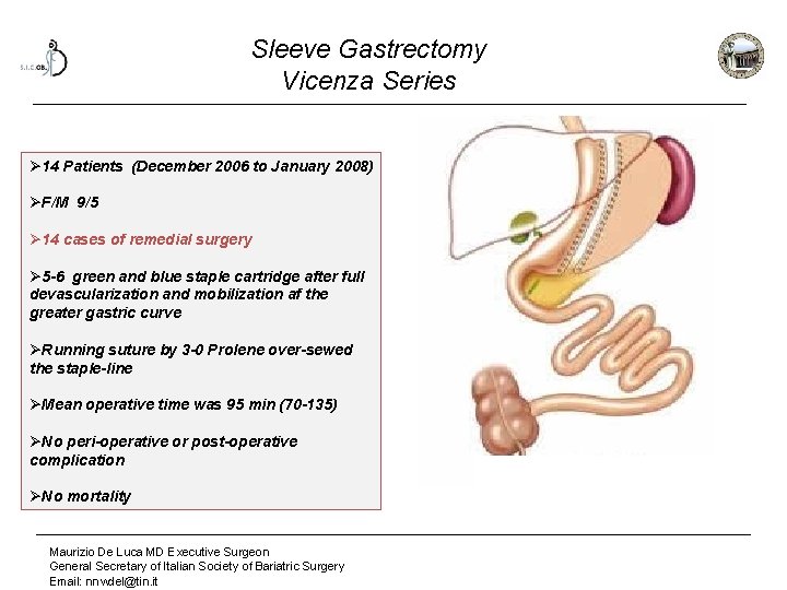 Sleeve Gastrectomy Vicenza Series Ø 14 Patients (December 2006 to January 2008) ØF/M 9/5