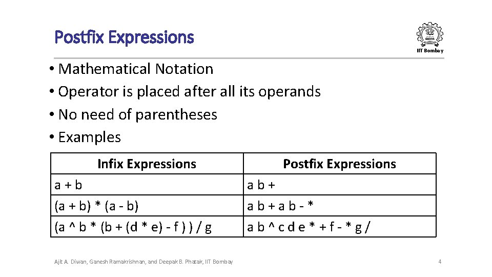 Postfix Expressions IIT Bombay • Mathematical Notation • Operator is placed after all its Postfix Expressions IIT Bombay • Mathematical Notation • Operator is placed after all its