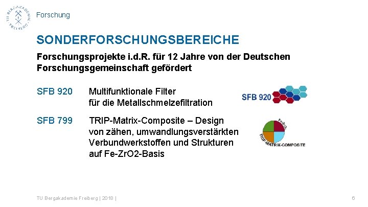 Forschung SONDERFORSCHUNGSBEREICHE Forschungsprojekte i. d. R. für 12 Jahre von der Deutschen Forschungsgemeinschaft gefördert