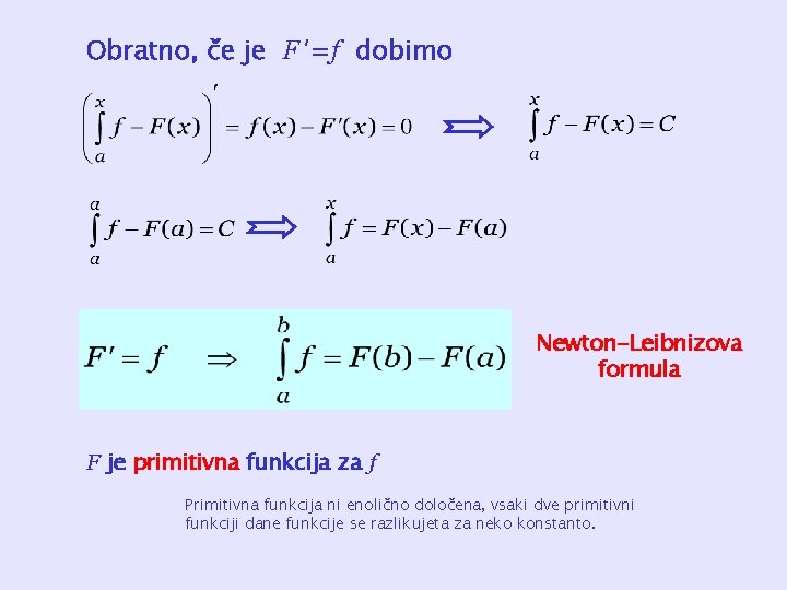 Obratno, če je F ’=f dobimo Newton-Leibnizova formula F je primitivna funkcija za f