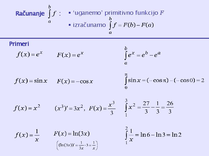 Računanje : § ‘uganemo’ primitivno funkcijo F § izračunamo Primeri 