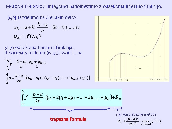 Metoda trapezov: integrand nadomestimo z odsekoma linearno funkcijo. [a, b] razdelimo na n enakih