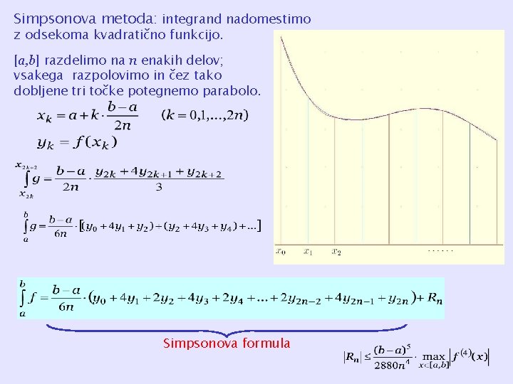 Simpsonova metoda: integrand nadomestimo z odsekoma kvadratično funkcijo. [a, b] razdelimo na n enakih