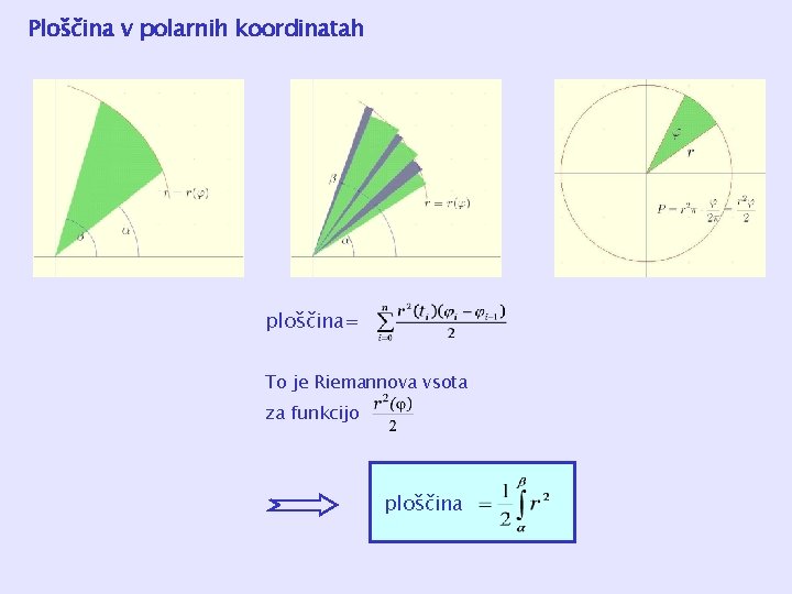 Ploščina v polarnih koordinatah ploščina= To je Riemannova vsota za funkcijo ploščina 