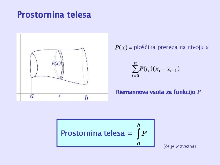 Prostornina telesa ploščina prereza na nivoju x Riemannova vsota za funkcijo P Prostornina telesa