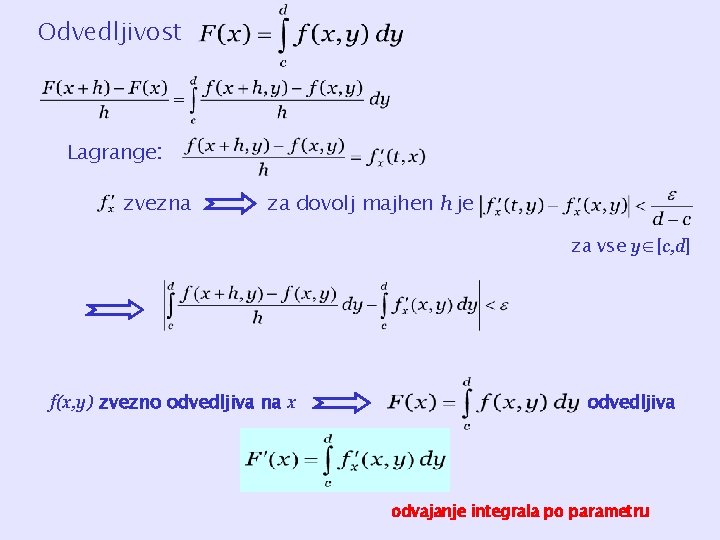 Odvedljivost Lagrange: zvezna za dovolj majhen h je za vse y∈[c, d] f(x, y)