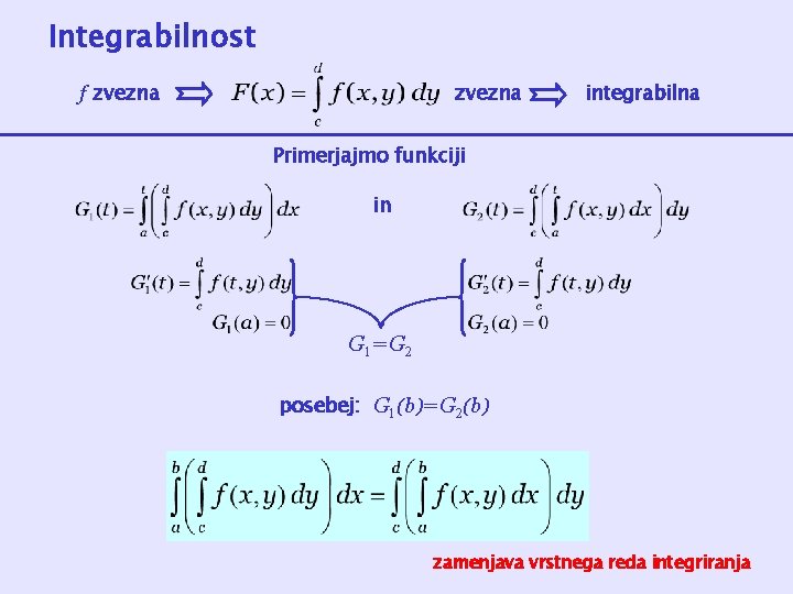 Integrabilnost f zvezna integrabilna Primerjajmo funkciji in G 1=G 2 posebej: G 1(b)=G 2(b)