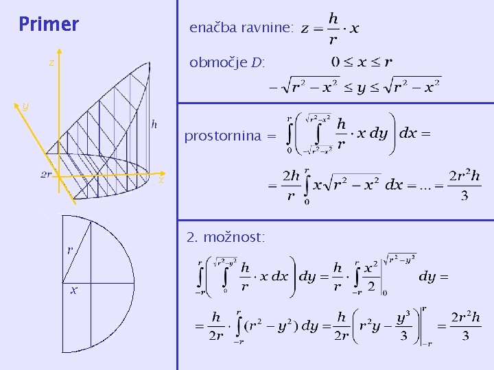 Primer enačba ravnine: območje D: z y prostornina = x 2. možnost: 
