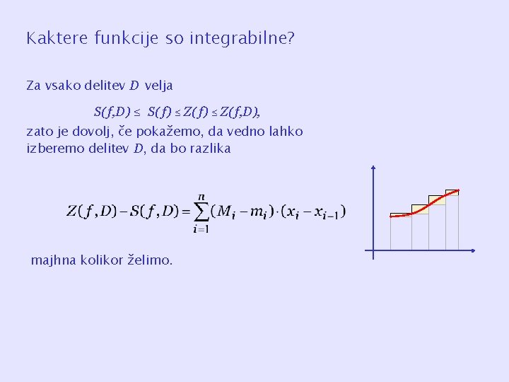 Kaktere funkcije so integrabilne? Za vsako delitev D velja S( f, D) ≤ S(
