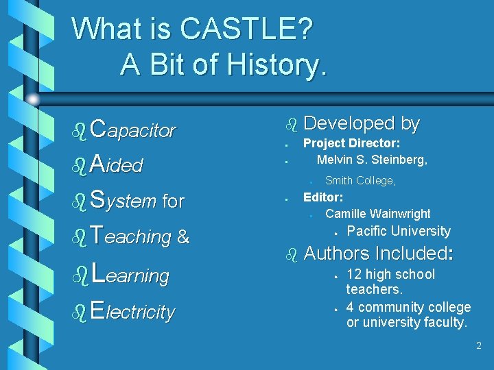What is CASTLE? A Bit of History. b Capacitor b Developed l b Aided