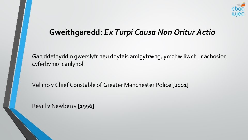 Gweithgaredd: Ex Turpi Causa Non Oritur Actio Gan ddefnyddio gwerslyfr neu ddyfais amlgyfrwng, ymchwiliwch