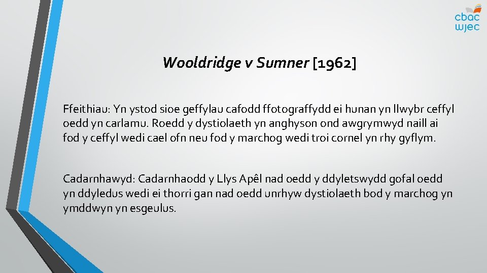 Wooldridge v Sumner [1962] Ffeithiau: Yn ystod sioe geffylau cafodd ffotograffydd ei hunan yn