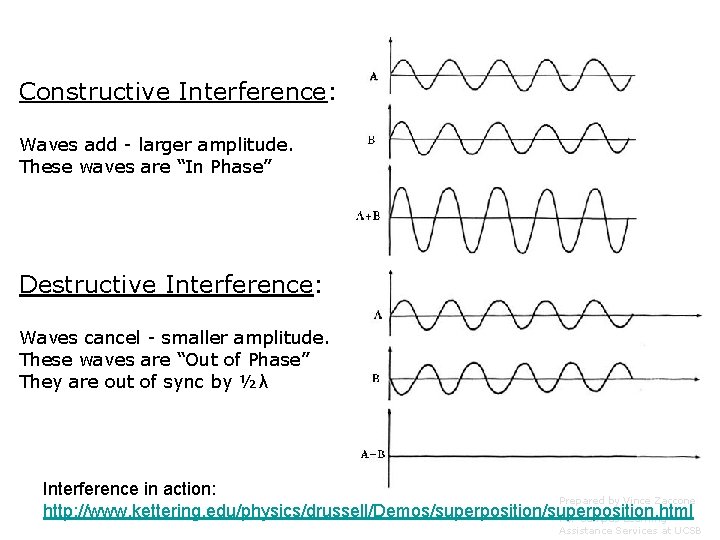 Constructive Interference: Waves add - larger amplitude. These waves are “In Phase” Destructive Interference:
