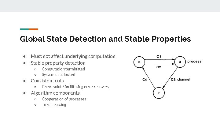 Global State Detection and Stable Properties ● ● Must not affect underlying computation Stable Global State Detection and Stable Properties ● ● Must not affect underlying computation Stable