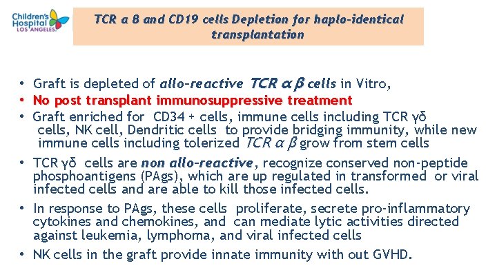 TCR α β and CD 19 cells Depletion for haplo-identical transplantation Graft is depleted