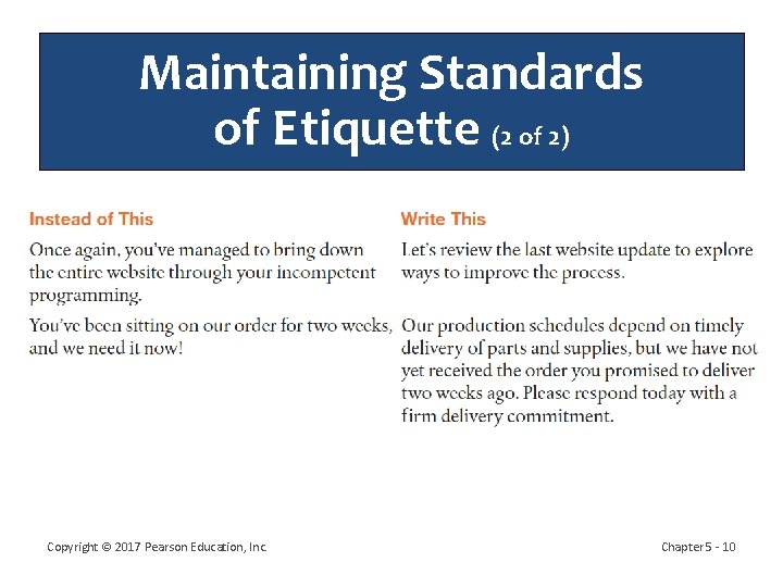 Maintaining Standards of Etiquette (2 of 2) Copyright © 2017 Pearson Education, Inc. Chapter