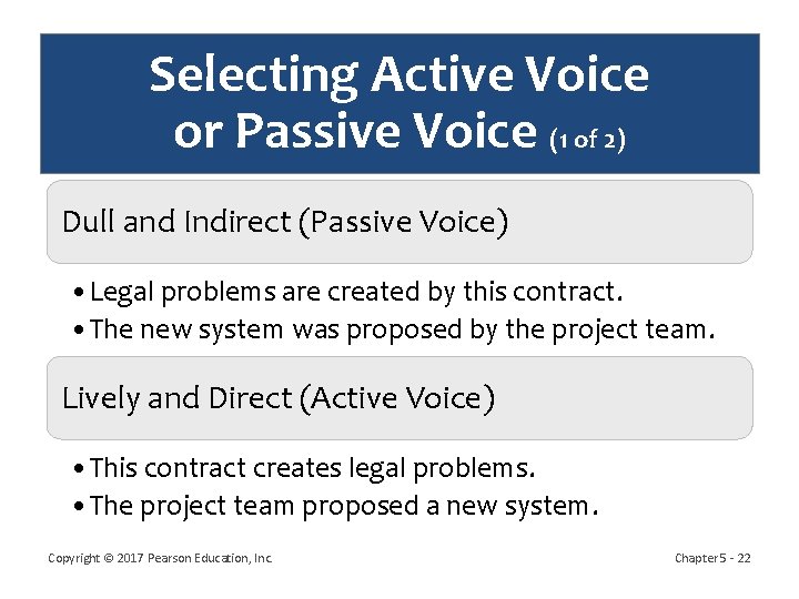 Selecting Active Voice or Passive Voice (1 of 2) Dull and Indirect (Passive Voice)
