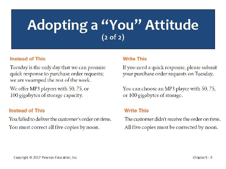 Adopting a “You” Attitude (2 of 2) Copyright © 2017 Pearson Education, Inc. Chapter