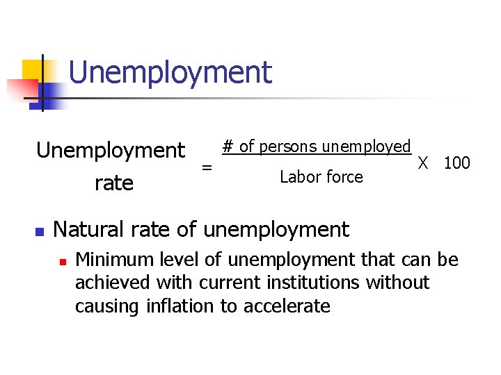 Unemployment rate n # of persons unemployed = Labor force X 100 Natural rate